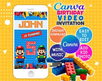 Building Blocks Birthday Video Invitation: Animated Kids Party, Editable Canva Template (Digital Download