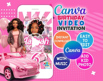 Dolls Birthday Video Invitation: Pink Canva Template (Digital Download)