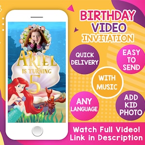 Little Mermaid Video Invitation With a song, Animated Birthday Invitation, Ariel Birthday Party Invitation With Music Under the Sea