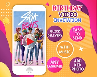 KPop Demon Hunters birthday party video invitation, Huntrix and Saja boys digital animated personalized invite for girl and boy