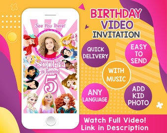Princesses Video Invitation, Princesses Birthday Party, Girl Invitation, Snow White, Cinderella, Aurora, Ariel, Belle, Jasmine, Pocahontas