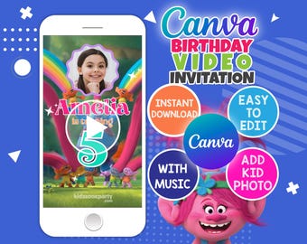 Trolls Birthday Video Invitation: Animated Party Invite Canva Template (Digital Download