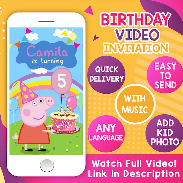 Invitation vidéo Peppa Happy Pig Birthday Video, Peppa Pig Invitations animées, Pink Pig Party, Invitation d’anniversaire pour enfants