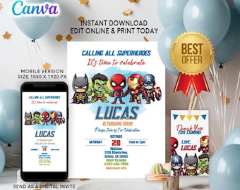 Superhero Birthday Invitation: Editable Canva Template (Digital Download)