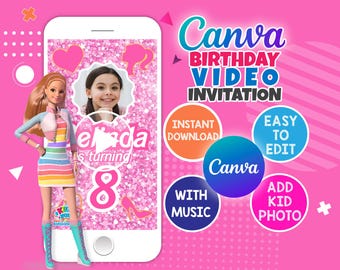 Dolls Birthday Video Invitation: Pink Sparkle, Editable Canva Template (Digital Download