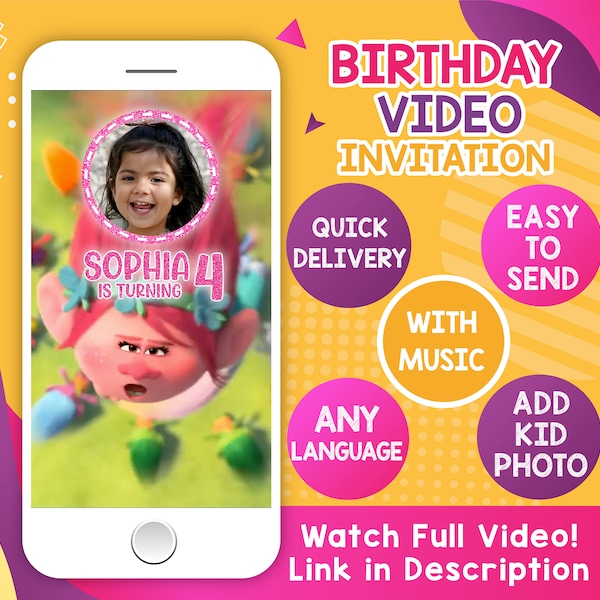 Trolls Video Birthday Invitation, Trolls invite, Trolls invitation, Trolls party video invitation, Video birthday Invitation