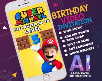 Super Mario Birthday Video Invitation Personalized Digital Evite, Face Swap, Phone invite (Digital Download)