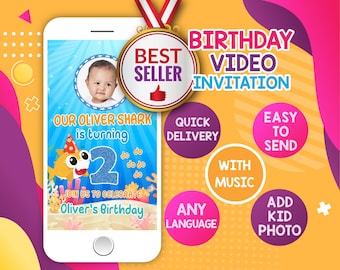 Boy Shark Custom Birthday Video Invitation | Animated Digital Party Invite | Personalized Kids eCard