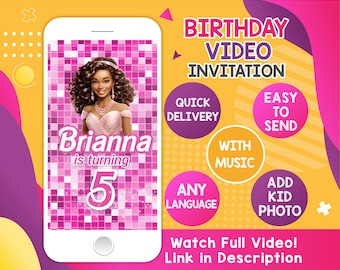 African American Barbie Birthday Video Invitation: Dark Skin Girl, Animated Invite