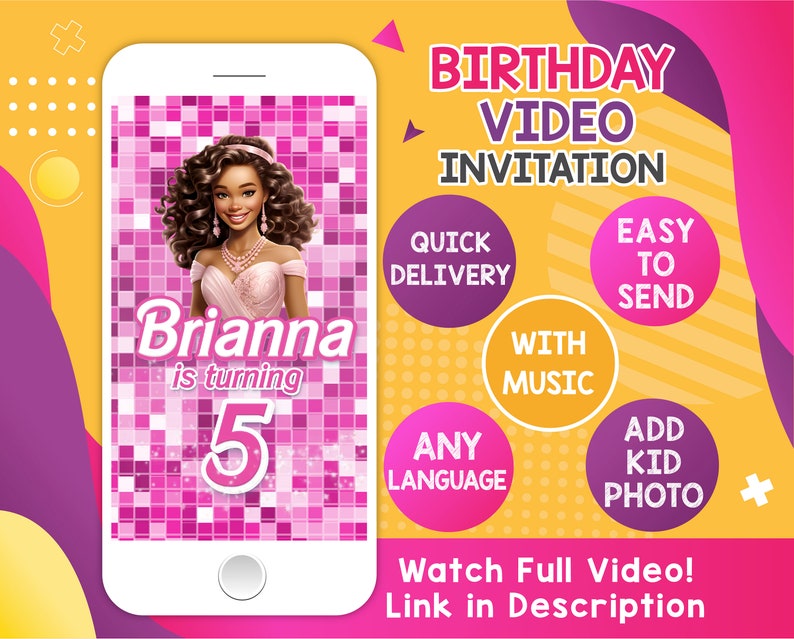Barbie Dark Skin Birthday Invitation, Barbie African American barbie, Barbie Party