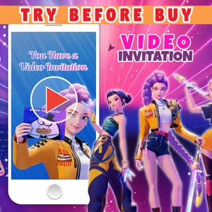 Op de afbeelding: Digitale illustratie die video-uitnodigingen promoot. De afbeelding toont een smartphone met een video-uitnodiging met de tekst "You Have a Video Invitation". Er worden ook drie gestileerde vrouwelijke figuren getoond, samen met de tekst "VIDEO INVITATION."