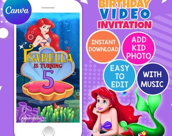 Ariel Birthday Video Invitation: Animated Princess Party, Editable Canva Template (Digital Download)