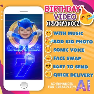 Invitation vidéo de fête d'anniversaire de Sonic le hérisson avec musique, invitation vidéo d'animation numérique de 3 films Sonic pour mobile, invitation électronique