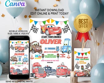 Printable Cars Birthday Invitation | Phone Invite | Printable Thank You Tag (Digital Download)
