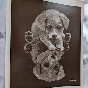 May include: A black and white print of a puppy looking at the viewer. The puppy is upside down and its reflection is shown right side up. The print is titled "Skipper by Chaplan, size 10x12".