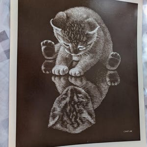 May include: Black and white print of a kitten looking down at its reflection. The kitten is in a seated position with its paws visible. The print is titled "Scooter by Chaplin, size 10x12".