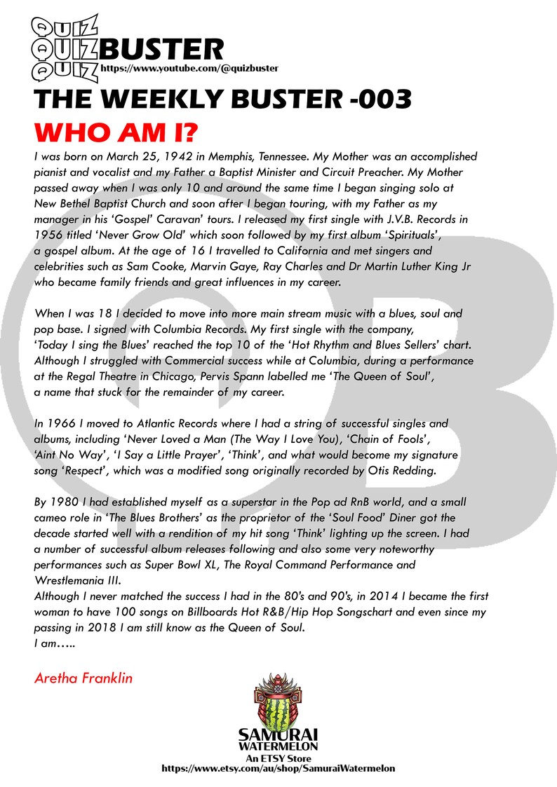 Mixed Knowledge Trivia Quiz Buster the Weekly Buster 003 20 Questions