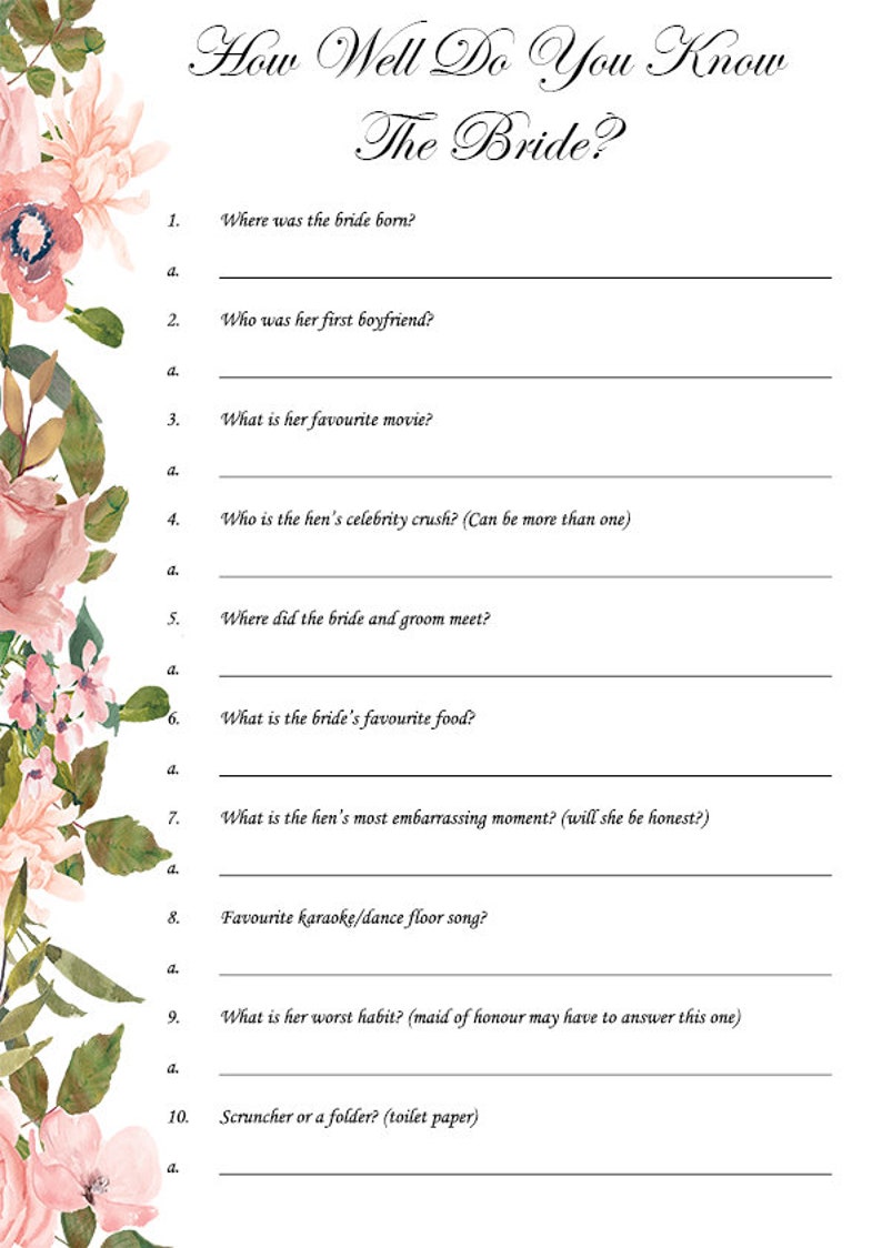 Hens Party Game How Well Do You Know the Bride Fun Bridal Etsy
