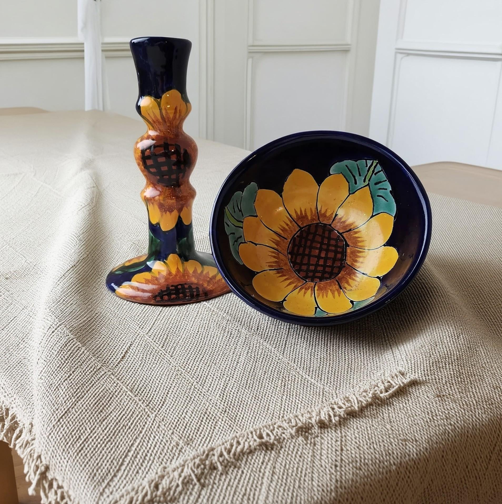 Handmade Talavera Candle Holder and Tripod Bowl, Mexican Sunflower