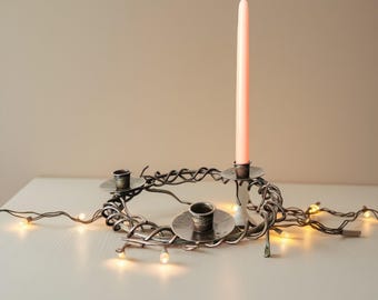 Vintage Wrought Iron Candle Holder: Round 3-Light Taper Centerpiece, Fall/Winter Decoration