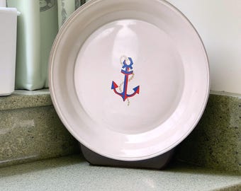 Nautical Enamel Serving Tray, Blue White Anchor Platter, Coastal Round Metal Tray 16"