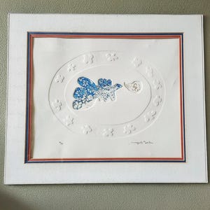Signed Serigraph Limited Edition Print, Blue Flowers Serigraph, Vintage Embossed Art, Modernist Graphic, Handmade Paper,by Margarita Galetar