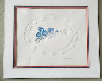 Signed Margarita Galetar Serigraph, Blue Flowers Embossed Print, Limited Edition