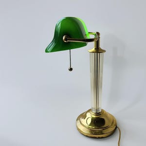 Vintage Banker’s Desk Lamp, Green Glass Shade, Brass & Fluted Column Art Deco Lighting, 17”