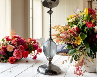 Vintage 1980s Candlestick, Hammered Metal Glass Orb Stand