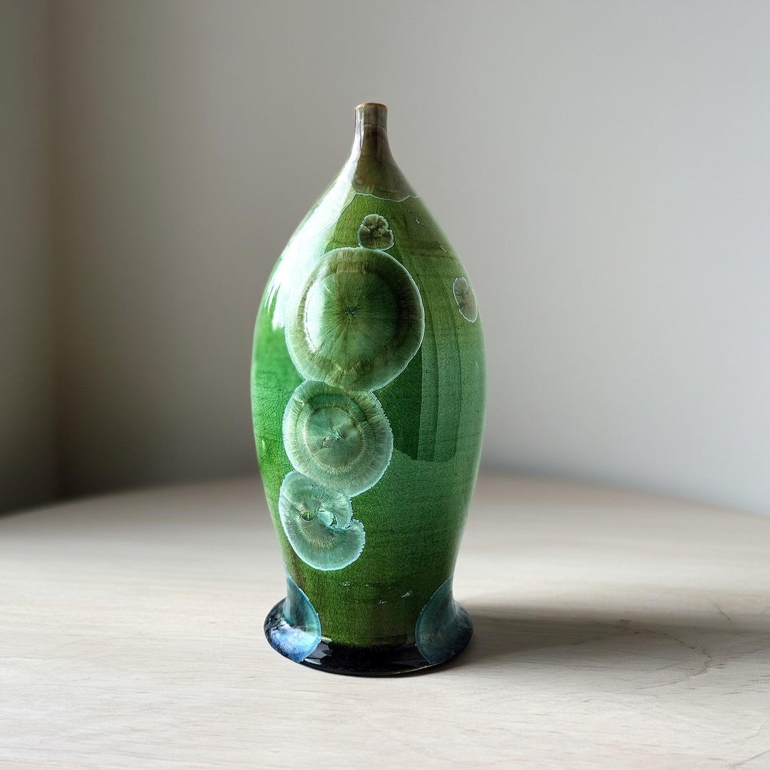 Signed Studio Pottery Crystalline Glaze Vase, Green Art Ceramic ...