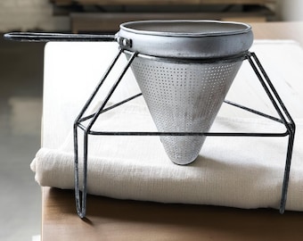 Mid Century Aluminum Cone Strainer with Metal Stand | Rustic Farmhouse Food Mill | 1950s
