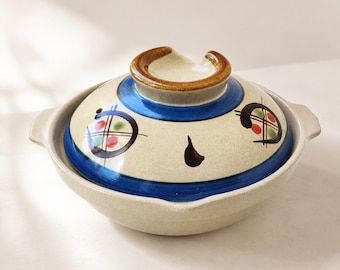 Japanese Donabe Clay Pot, Hand Painted Lidded Stoneware Casserole, 1L
