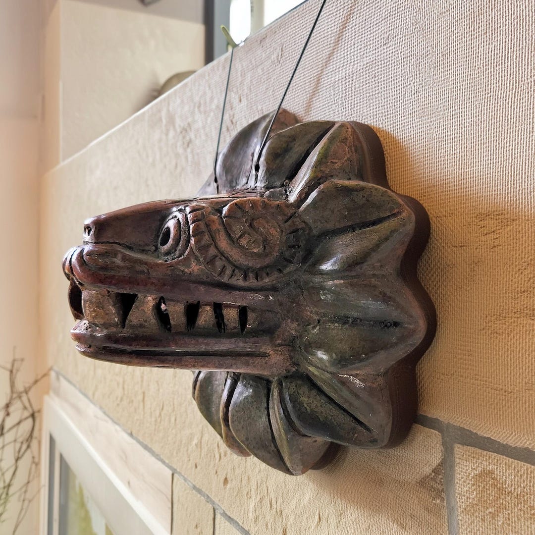 Aztec Quetzalcoatl Wall Mask, Ceramic Feathered Serpent Head, Tribal ...