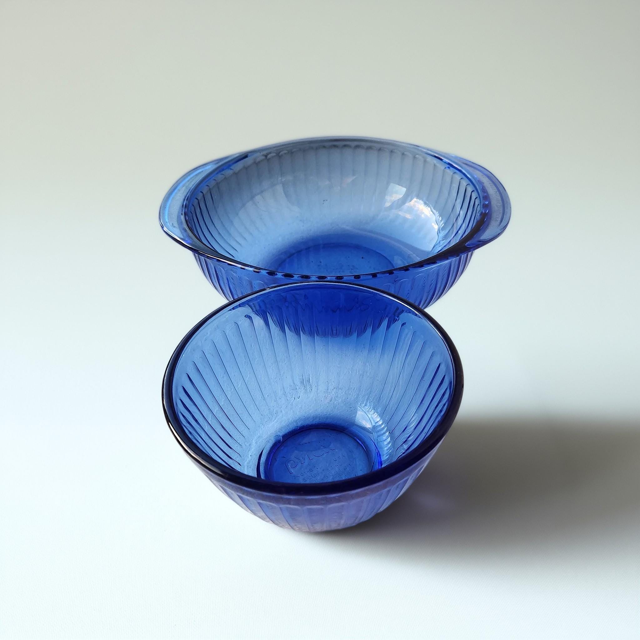 Vintage Pyrex Blue Ribbed Sides Glass Mixing Bowls / Casserole Set
