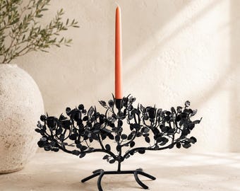 Modern Branch Wrought Iron Candelabra, Nature-Inspired Sculptural Black Taper Holder, 5 Candle Iron Centerpiece
