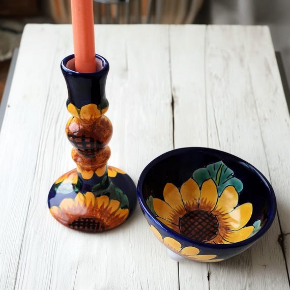 Handmade Talavera Candle Holder and Tripod Bowl, Mexican Sunflower