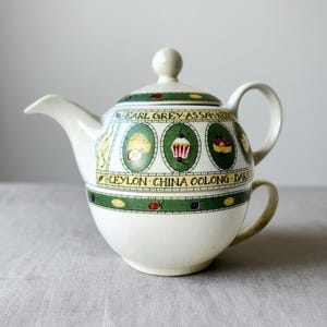 May include: A white ceramic teapot and teacup set with a green and yellow decorative border. The teapot lid has a small knob. The set is decorated with illustrations of fruits and pastries, and the names of different teas.
