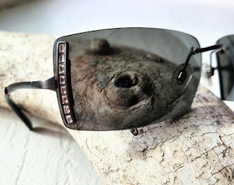 Y2K Black Frame Sunglasses: Slim Rectangular, Clear Crystals