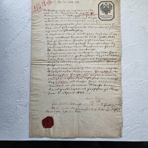 1845 Baltico (ESTONIA) Atto legale – Contratto di proprietà/finanziario tedesco con sigilli di ceralacca e timbri imperiali, filigrane