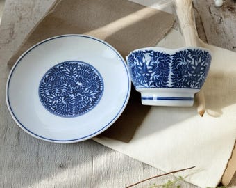 Vintage Chinese Blue White Lotus Bowl and Plate Set