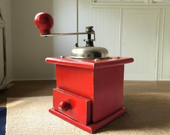 Red Wood Coffee Grinder, Swedish Style Vintage Hand Crank Mill with Drawer