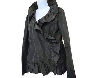 DOLCE GABBANA Vintage Black Raffle Edge Evening Jacket, 100% Silk, Made in Italy Sise 44/  Fits US sizes 8,10