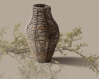 Handwoven Rattan or Seagrass Floor Vase 18" • Tall Natural Fiber Basket Vase • Home Decor