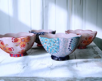 Set of 4 Vintage Coastline Imports  Bowls: Hand Painted Ceramic Art Bowls, Mix & Match Floral Patchwork