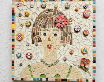 13x13" Handmade Mosaic Portrait Wall Art, Colorful Folk Art Woman Tile Panel
