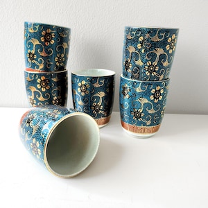 Japanese Yunomi Tea Cups set of 6, Kutani-yaki, Vintage Aochibu Porcelain, Traditional Teaware, Tea Ceremony, Japanese Porcelain, Marked