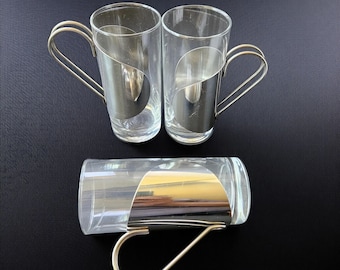 Scandinavian Modern Glass Mugs, 1980s Metal Handle Highball Cups Set of 3