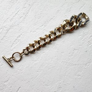 Vintage Chunky Gold-tone Large Chain Bracelet, Rhinestone Embellishments, Toggle Clasp, Statement Accessory, Everyday Wear, Evening Wear