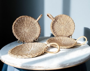 Vintage rotan serveerschalen set van 4, boho rieten manden