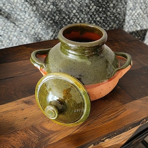 Extra-Large Green Spanish Pottery, Vintage Glazed Ceramic Bean Pot, Clay Cooking Hot Pot, Lid, Handles, Kitchenware, Unused, Rustic Decor